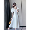 高级感初恋茶歇裙子女夏法式方领白色连衣裙小众设计气质收腰礼服