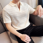夏季镂空针织短袖T恤男士休闲V领纯色Polo衫潮流时尚翻领半袖