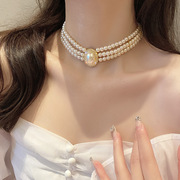 多层珍珠镶钻项链项圈锁骨链设计感网红水钻短款项链项圈韩国气质