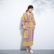 梵界袍子(黄色)原创设计民族，风宽松棉，文艺印花连衣裙波西米亚长裙