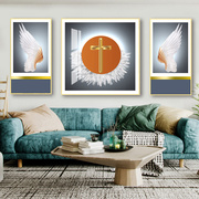 十字架三联画晶瓷画背景墙，客厅装饰画铝合金，框画书房金属框教堂画