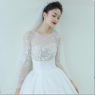春季韩式简约抹胸新娘，结婚拖尾修身一字，肩绑带齐地婚纱礼服