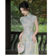 新中式改良旗袍长衫上衣小绿半裙两件套套装日常国风复古连衣裙
