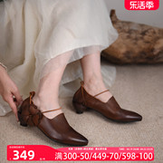 artmu阿木原创复古真皮，花朵尖头单鞋，粗跟女鞋高跟鞋子2023