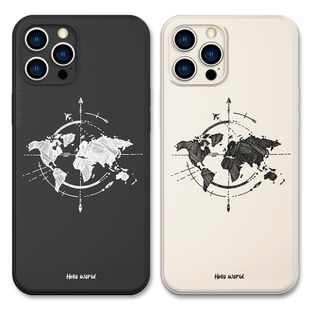 手绘世界地图简约华为MATE60手机壳苹果15ProMax适用iPhone14黑白情侣涂鸦高级感小米14防摔全包软红米K60