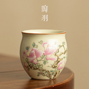 米黄汝窑玉兰花束口杯茶杯主人杯功夫茶具专用家用陶瓷品茗杯单杯