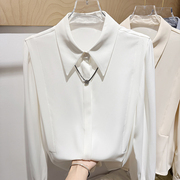 2024韩国气质显瘦翻领项链装饰纯色单排扣长袖雪纺衬衫女春季