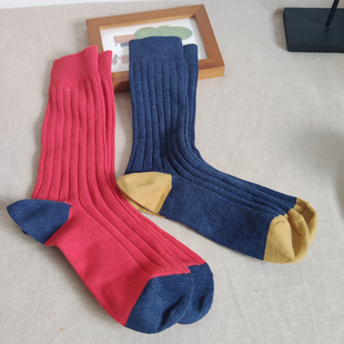 外贸男士袜子绅士袜竖条纹袜子吸汗透气秋冬款红色深蓝色撞色纯棉