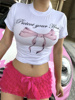 AMAMAY是辣妹 粉色网纱蛋糕蝴蝶结超短裤+蝴蝶结短款上衣短袖