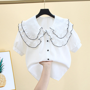 白色短袖衬衫女设计感小众夏季甜美气质娃娃，领宽松法式上衣