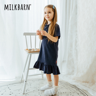 Milkbarn儿童春夏短袖连衣裙polo领五分袖印花洋气长裙