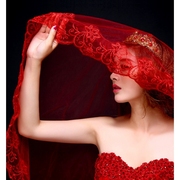 新娘结婚头纱唯美红色，韩式单层婚礼蕾丝花边婚纱，配件超长拖尾头纱