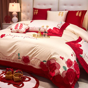 浪漫新婚礼床上四件套纯棉60支长绒棉刺绣花结婚红色被套床单床盖