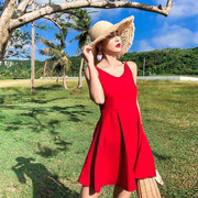 海边度假旅游沙滩裙小个子短裙子显瘦红色性感露背连衣裙夏季气质