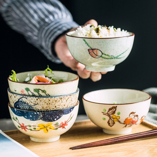 手绘陶瓷米饭碗汤碗日式和风，餐具简约复古吃饭碗，家用单个小碗面碗