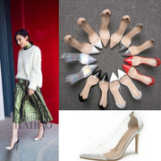 2024女鞋韩版流行尖头单鞋，细跟拼色百搭工作鞋，白色透明高跟鞋