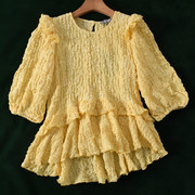 3.8超美的鹅黄色，灯笼袖荷叶边棉质，衬衫小衫上衣