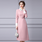 枝荔春款女装2024年收腰显瘦时尚精致衬衫领粉色连衣裙高品质