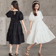 韩国女童连衣裙2024夏季中大童泡泡袖中长款蛋糕裙长裙亲子装