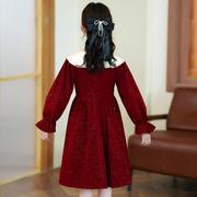 年女童丝绒公EFA裙冬装儿童红加绒连衣裙女孩新年衣色服过礼服裙