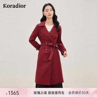 珂莱蒂尔女装秋季红色风衣，中长款薄款双排扣外套，今年流行