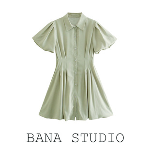 bana法式外贸浅绿色，polo领短袖，收腰修身连衣裙女夏季短裙小个子