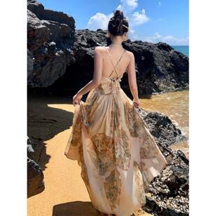solenelara波西米亚显瘦挂脖长裙，复古印花三亚海滩，裙海边度假吊带