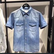 一线品牌撤柜夏季款修身牛仔蓝青年半袖短袖衬衫男士衬衣