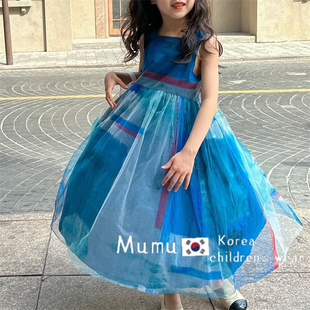 韩国童装2023夏季女童连衣裙甜美气质无袖蓝色印花公主网纱裙