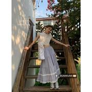 kumikumi时尚套装蕾丝边短袖，衬衫女夏季高腰，显瘦半身裙长裙两件套