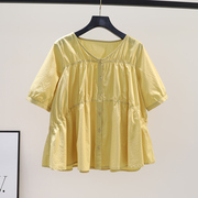 褶皱设计宽松小衫女黄色短袖娃娃，衫衬衣2024春季韩版棉布衬衫上衣