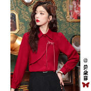 新中式国风盘扣新年红色雪纺衬衫，女士春装2024设计感小众上衣