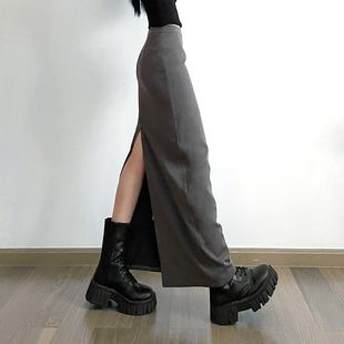 gagaopt2023秋季高级感灰色开叉半身裙，高腰包(高腰包，)臀显瘦西装长裙