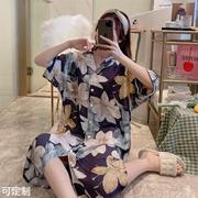 绵绸睡裙女夏薄款欧版衬衫裙加大码连衣裙翻领，开衫中袖五分袖中裙