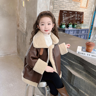 女童皮衣秋冬款加绒加厚韩版洋气儿童风衣女宝宝冬装皮毛一体外套