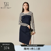 XG雪歌藏青色圆领长袖连衣裙时尚春季新款条纹拼接假两件中长裙女