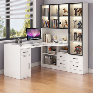 转角书桌书架一体组合实木轻奢风，电脑桌家用台式办公桌学习桌书柜