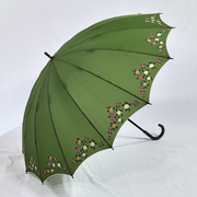 珍藏款！日本两段式小洋伞！复古绿色小花16骨和风女士长柄晴雨伞