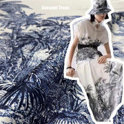 半裙定位真丝斜纹绸面料纯白底数码喷绘蝴蝶，椰子树图案桑蚕丝布料