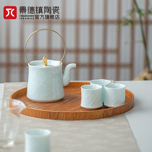 景德镇国货陶瓷国色天香功夫茶具影青浮雕中式茶杯茶壶套装礼