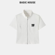 Basic House/百家好休闲运动风立领针织衫女T恤2024夏短袖