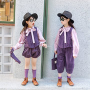 女童春秋紫色英伦风马甲裤子套装洋气蝴蝶结长袖天丝棉衬衫