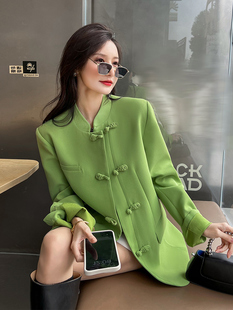 一线大牌外贸撤柜新中式国风女装绿色西装外套女名媛气质盘扣上衣