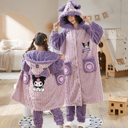 儿童睡衣秋冬季亲子母女加厚法兰绒长款睡袍，套装女童珊瑚绒家居服