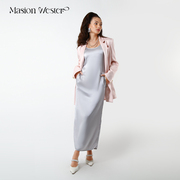 MasionWester2023秋季女装双排扣粉色缎面西装灰色连衣裙套装