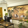 现代新中式仙鹤卧室沙发背景，墙纸茶室日式屏风，法式中古无纺布壁纸
