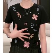 黑色修身短袖t恤女士2024设计感时尚镶钻高级小众上衣夏装潮
