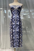 欧美时尚女神d家同款青花瓷系列19姆米真丝双乔吊带收腰连衣裙