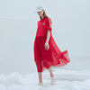 半圆原创设计师女装2023夏季桑蚕真丝红色短袖，惊艳衬衫连衣裙