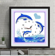 蒙娜丽莎印花十字绣挂钟海豚之恋钟表，小幅客厅卧室海豚恋人钟